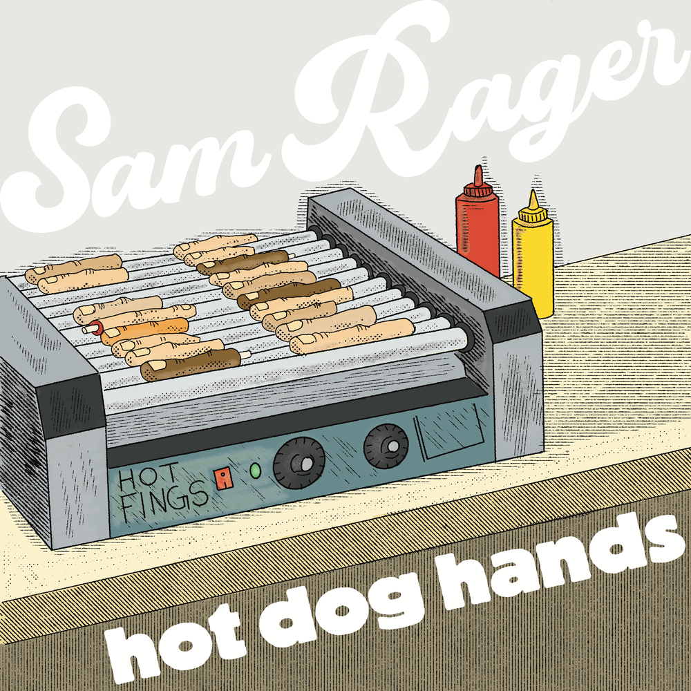 Album cover for Hot Dog Hands. Severed fingers on a gas station hot dog roller